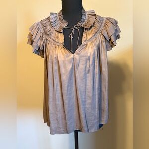 ULLA JOHNSON Silk Look Ruffle Blouse Size 0 Taupe Brown Pleated Neck Tie Top